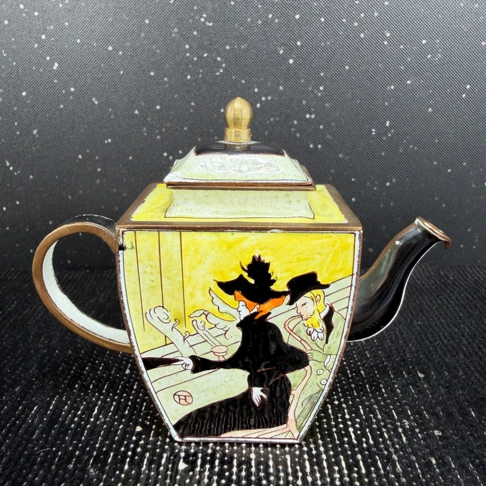 Kelvin Chen No 1064 Miniature Enameled Teapot Toulouse-Lautrec Art Yellow 3x4